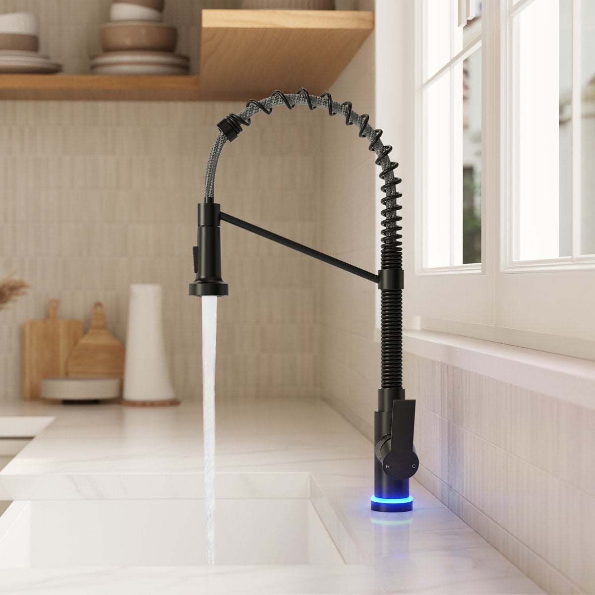 Contemporary Commercial-Style 2-Function Single-Handle Pull-Down Kitchen Faucet with LED Base SFS-1091-BK - Matte Black