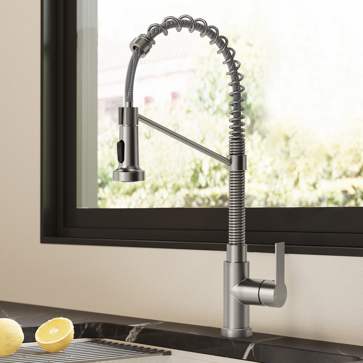 Contemporary Commercial-Style 2-Function Single-Handle Pull-Down Kitchen Faucet with LED Base SFS-1091-NK - Brushed Nickel