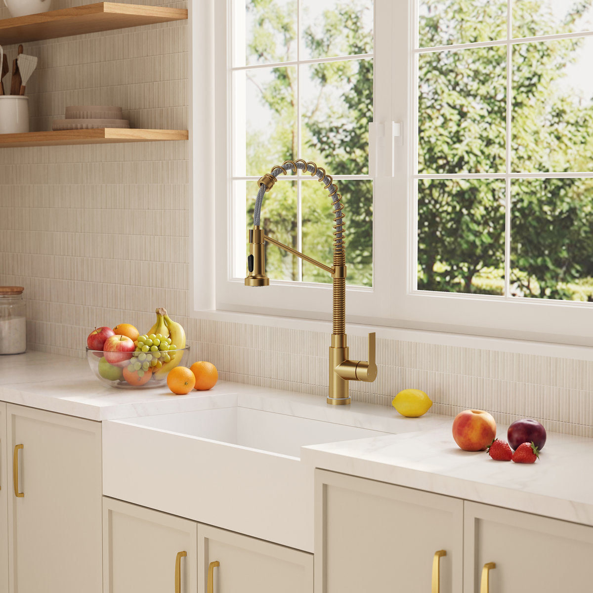 Contemporary Commercial-Style 2-Function Single-Handle Pull-Down Kitchen Faucet with LED Base SFS-1091-GD - Brushed Gold