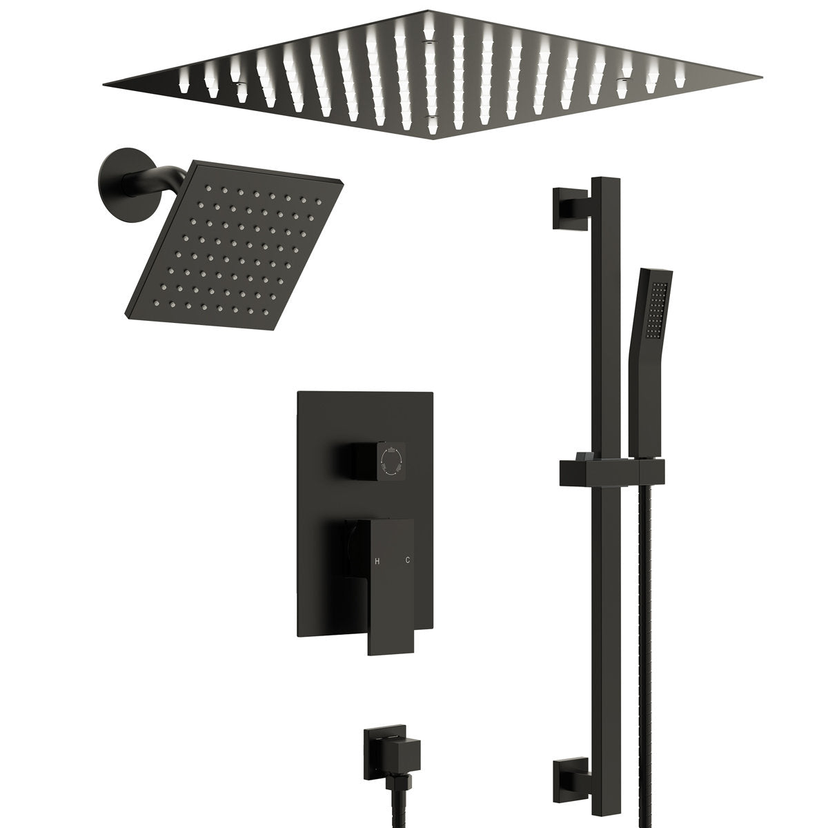 12" LED Ceiling-Mount Pressure-Balanced Rainfall Shower System with 6" Wall Shower Head and Slide Bar Handheld Shower SFS-1012-BK12 - Matte Black