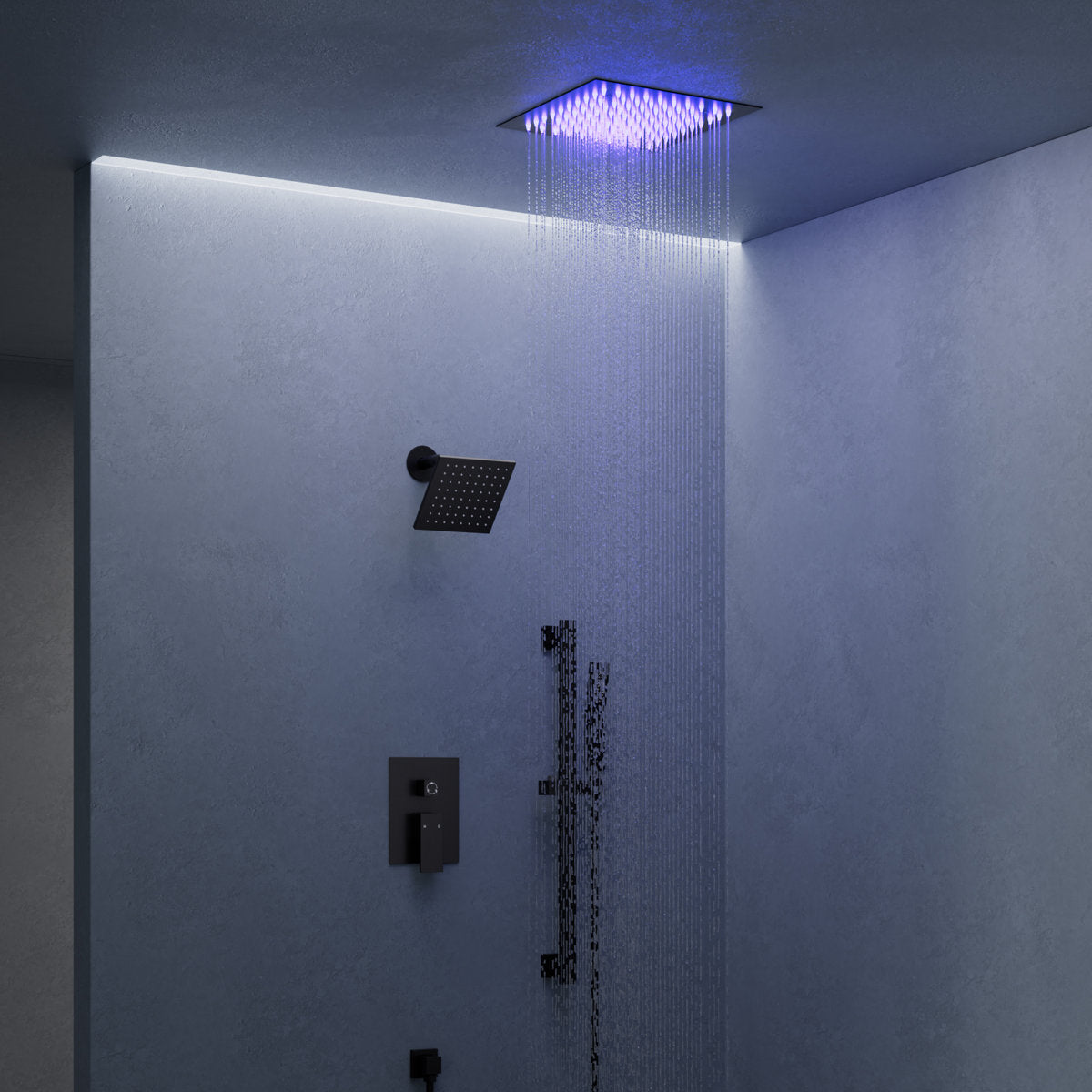 12" LED Ceiling-Mount Pressure-Balanced Rainfall Shower System with 6" Wall Shower Head and Slide Bar Handheld Shower SFS-1012-BK12 - Matte Black