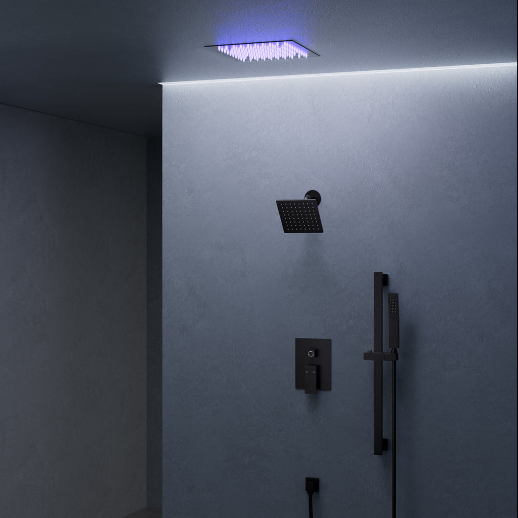 12" LED Ceiling-Mount Pressure-Balanced Rainfall Shower System with 6" Wall Shower Head and Slide Bar Handheld Shower SFS-1012-BK12 - Matte Black