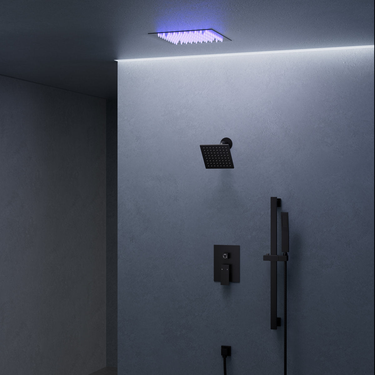12" LED Ceiling-Mount Pressure-Balanced Rainfall Shower System with 6" Wall Shower Head and Slide Bar Handheld Shower SFS-1012-BK12 - Matte Black