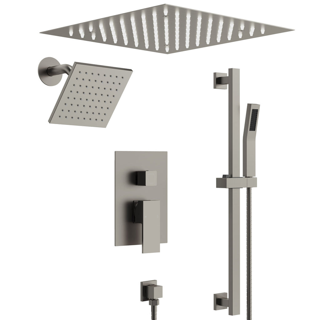 12" LED Ceiling-Mount Pressure-Balanced Rainfall Shower System with 6" Wall Shower Head and Slide Bar Handheld Shower SFS-1012-NK12 - Brushed Nickel