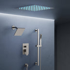 12" LED Ceiling-Mount Pressure-Balanced Rainfall Shower System with 6" Wall Shower Head and Slide Bar Handheld Shower SFS-1012-NK12 - Brushed Nickel