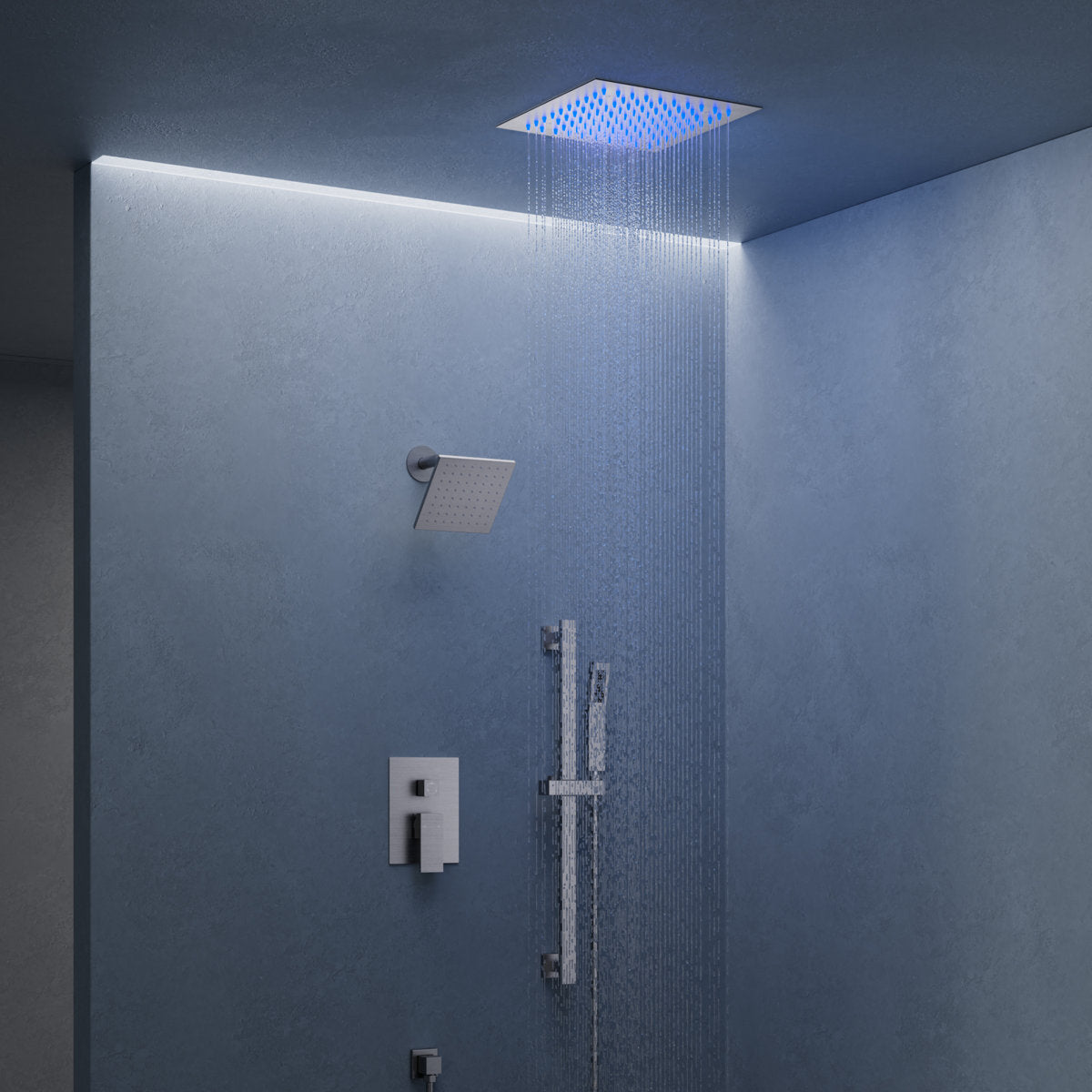 12" LED Ceiling-Mount Pressure-Balanced Rainfall Shower System with 6" Wall Shower Head and Slide Bar Handheld Shower SFS-1012-NK12 - Brushed Nickel