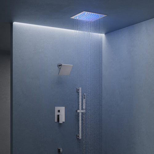 12" LED Ceiling-Mount Pressure-Balanced Rainfall Shower System with 6" Wall Shower Head and Slide Bar Handheld Shower SFS-1012-NK12 - Brushed Nickel