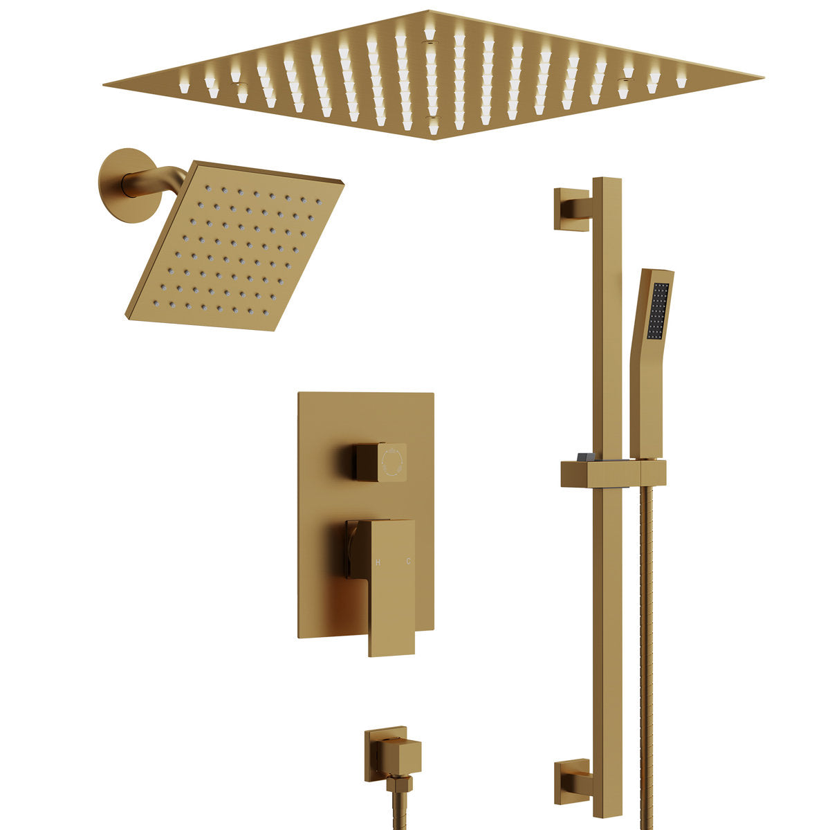 12" LED Ceiling-Mount Pressure-Balanced Rainfall Shower System with 6" Wall Shower Head and Slide Bar Handheld Shower SFS-1012-GD12 - Brushed Gold