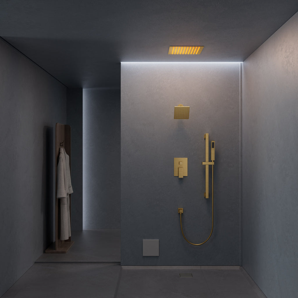 12" LED Ceiling-Mount Pressure-Balanced Rainfall Shower System with 6" Wall Shower Head and Slide Bar Handheld Shower SFS-1012-GD12 - Brushed Gold