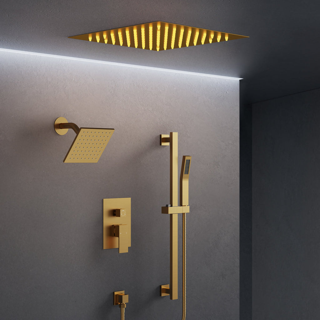 12" LED Ceiling-Mount Pressure-Balanced Rainfall Shower System with 6" Wall Shower Head and Slide Bar Handheld Shower SFS-1012-GD12 - Brushed Gold