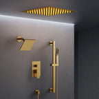 12" LED Ceiling-Mount Pressure-Balanced Rainfall Shower System with 6" Wall Shower Head and Slide Bar Handheld Shower SFS-1012-GD12 - Brushed Gold