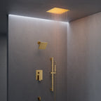 12" LED Ceiling-Mount Pressure-Balanced Rainfall Shower System with 6" Wall Shower Head and Slide Bar Handheld Shower SFS-1012-GD12 - Brushed Gold