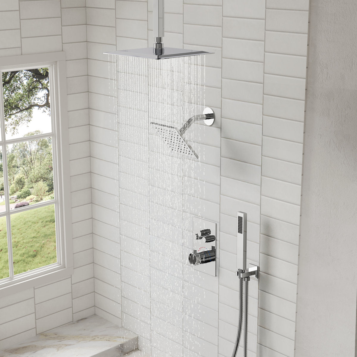 Ceiling Mount 12" High-Pressure Rainfall Shower Faucet, Dual Rainfall Shower Head System with Thermostatic Valve SFS1007-CH12 - Chrome