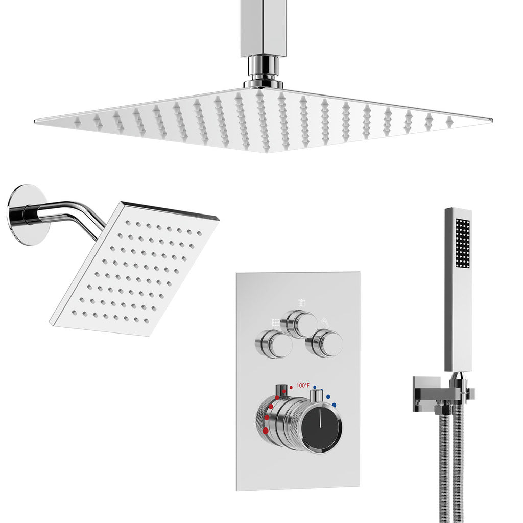 Ceiling Mount 12" High-Pressure Rainfall Shower Faucet, Dual Rainfall Shower Head System with Thermostatic Valve SFS1007-CH12 - Chrome