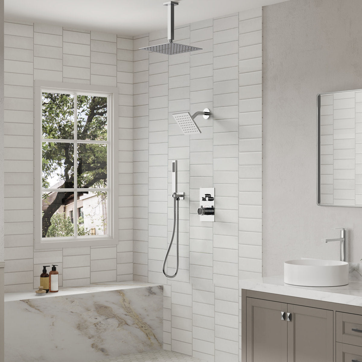 Ceiling Mount 12" High-Pressure Rainfall Shower Faucet, Dual Rainfall Shower Head System with Thermostatic Valve SFS1007-CH12 - Chrome