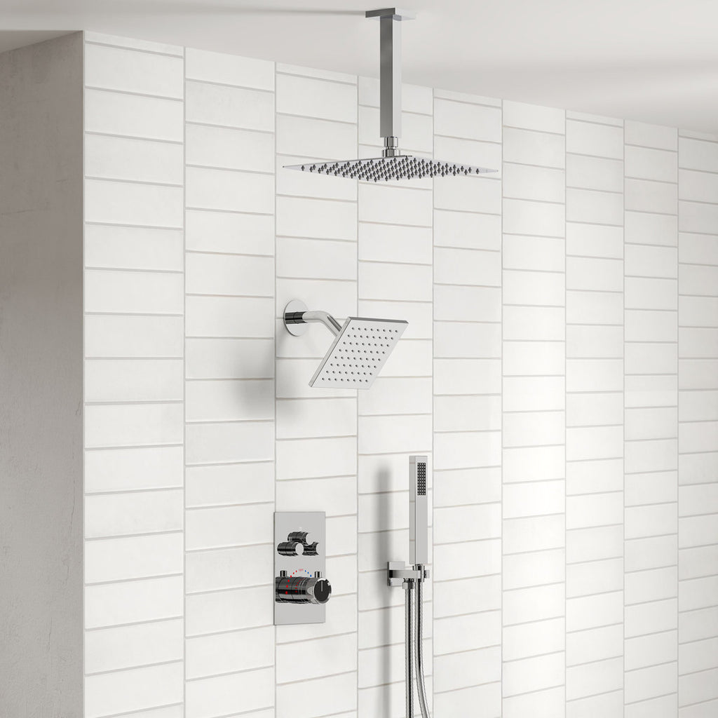 Ceiling Mount 12" High-Pressure Rainfall Shower Faucet, Dual Rainfall Shower Head System with Thermostatic Valve SFS1007-CH12 - Chrome