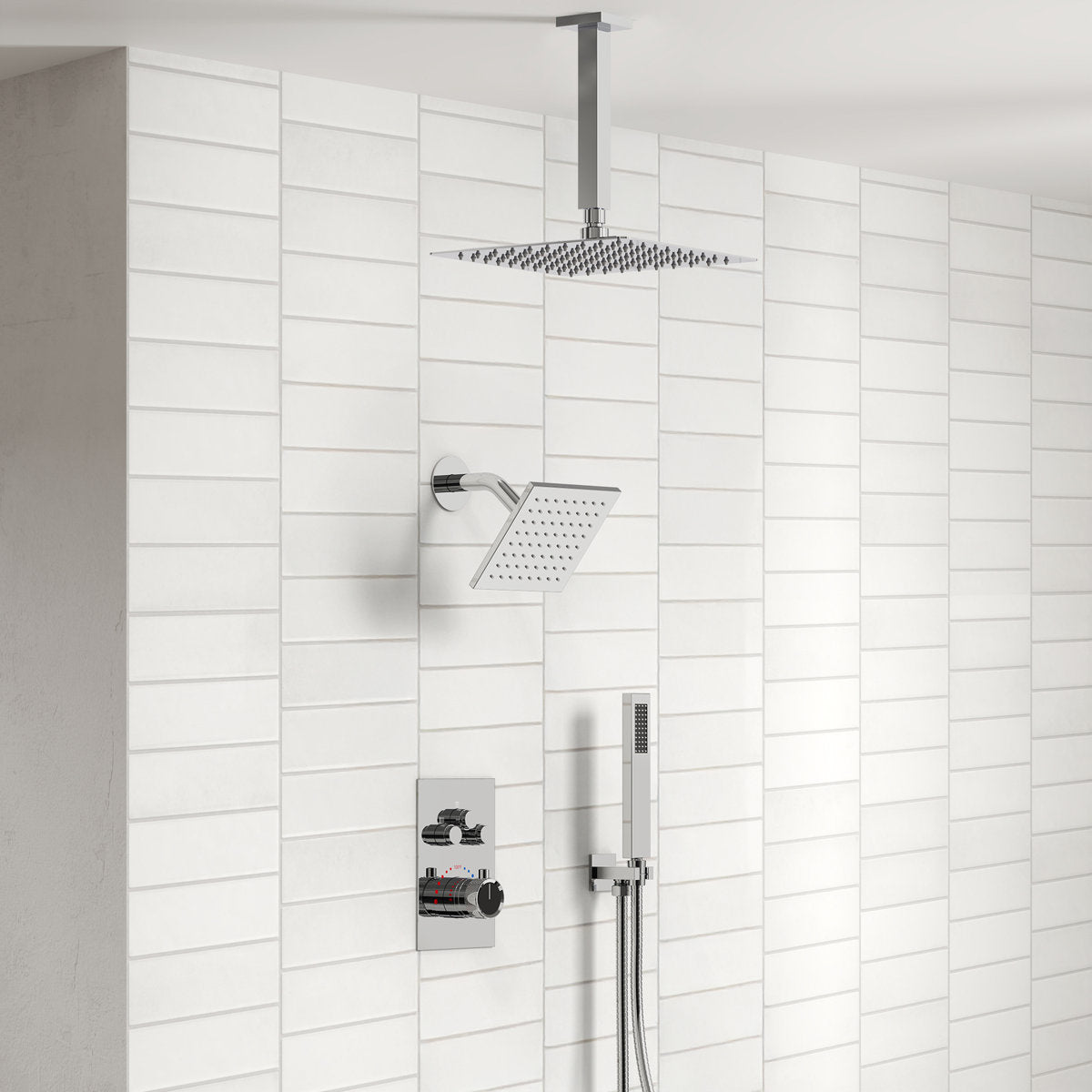 Ceiling Mount 12" High-Pressure Rainfall Shower Faucet, Dual Rainfall Shower Head System with Thermostatic Valve SFS1007-CH12 - Chrome