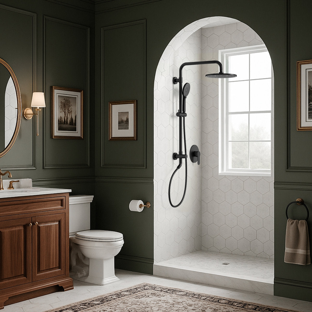 Wall Mount Pressure-Balanced Shower System,10" Rainfall Shower Head with Slider Bar Handheld Spray SFS-1098-BK10 - Matte Black