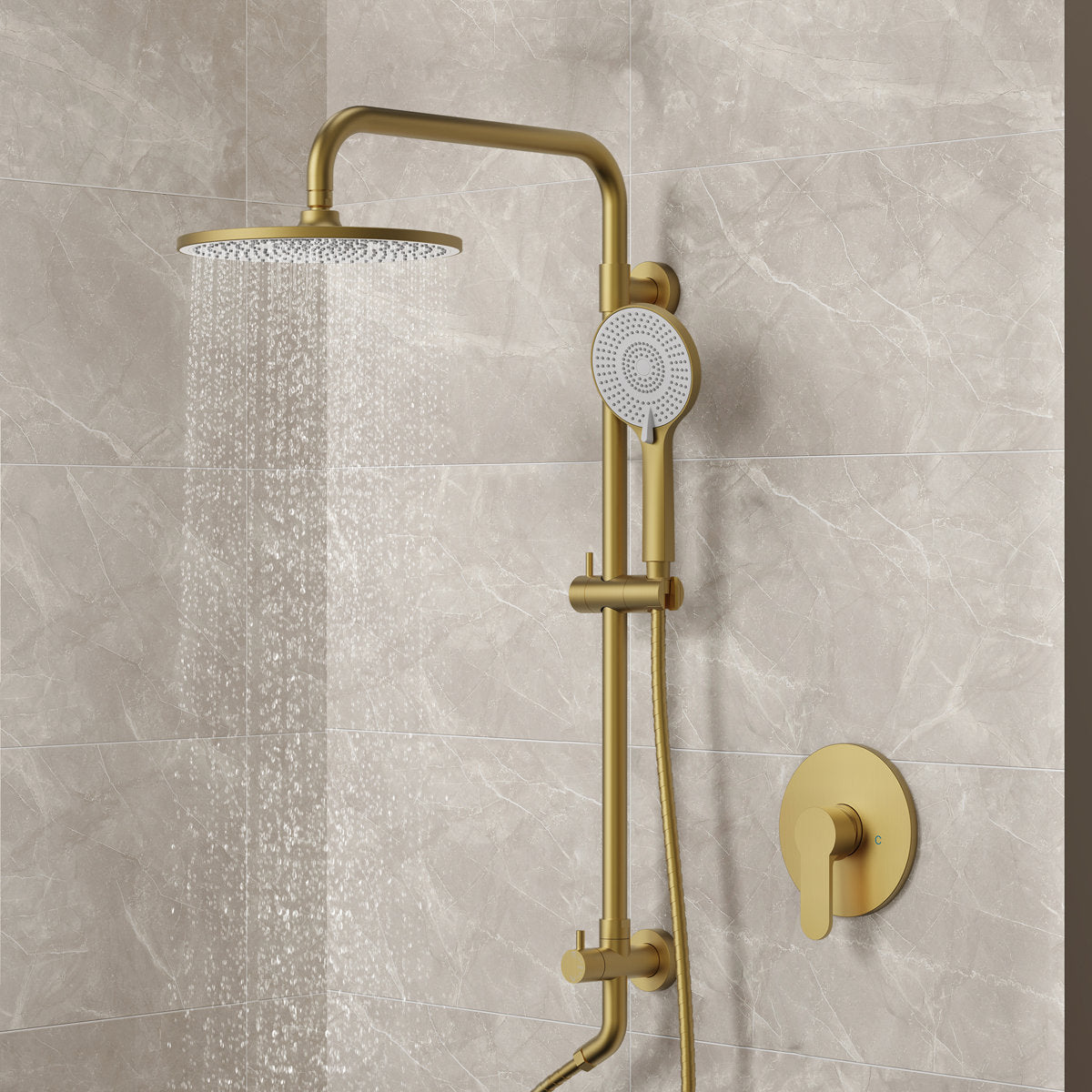 Wall Mount Pressure-Balanced Shower System, 10" Rainfall Shower Head with Slider Bar Handheld Spray SFS-1098-GD10 - Brushed Gold