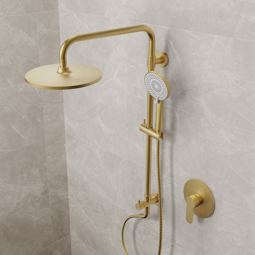 Wall Mount Pressure-Balanced Shower System, 10" Rainfall Shower Head with Slider Bar Handheld Spray SFS-1098-GD10 - Brushed Gold