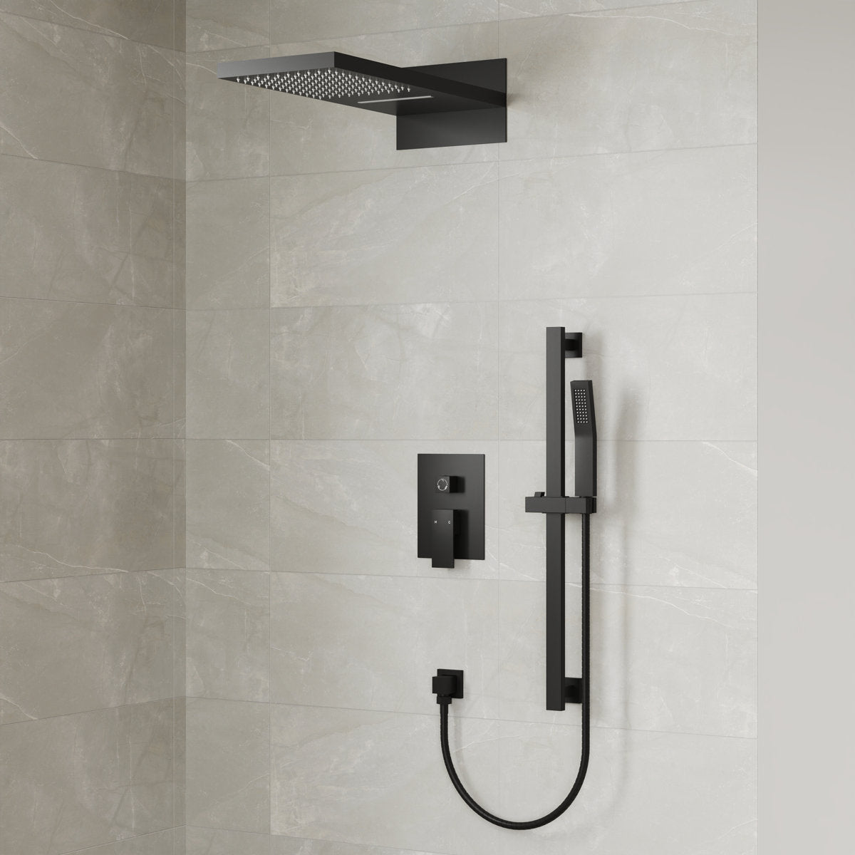 22" Waterfall & Rainfall Shower System with Adjustable Slide Bar Handheld Shower and Pressure-Balanced Valve SFS-1010-BK22 - Matte Black