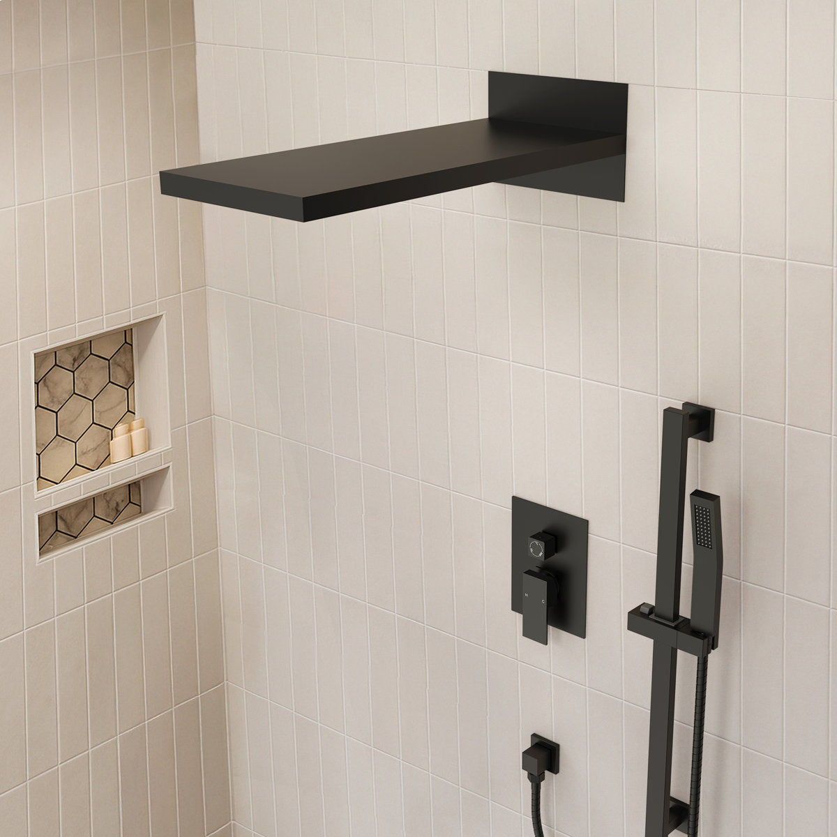 22" Waterfall & Rainfall Shower System with Adjustable Slide Bar Handheld Shower and Pressure-Balanced Valve SFS-1010-BK22 - Matte Black