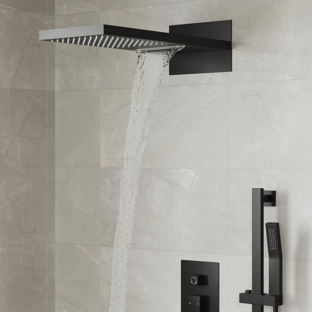 22" Waterfall & Rainfall Shower System with Adjustable Slide Bar Handheld Shower and Pressure-Balanced Valve SFS-1010-BK22 - Matte Black