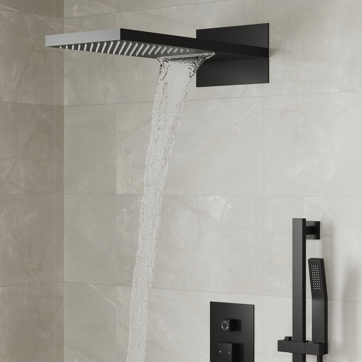 22" Waterfall & Rainfall Shower System with Adjustable Slide Bar Handheld Shower and Pressure-Balanced Valve SFS-1010-BK22 - Matte Black