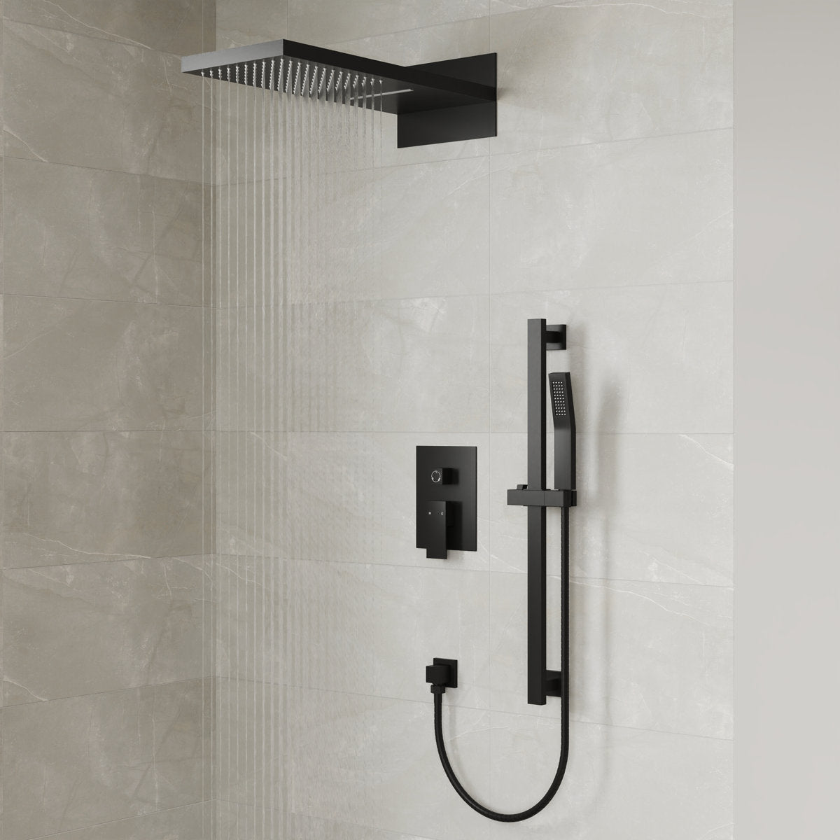 22" Waterfall & Rainfall Shower System with Adjustable Slide Bar Handheld Shower and Pressure-Balanced Valve SFS-1010-BK22 - Matte Black