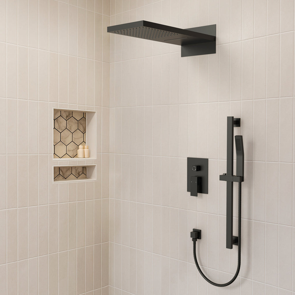 22" Waterfall & Rainfall Shower System with Adjustable Slide Bar Handheld Shower and Pressure-Balanced Valve SFS-1010-BK22 - Matte Black