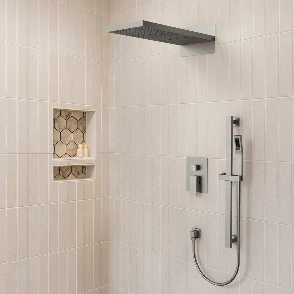 22" Waterfall & Rainfall Shower System with Adjustable Slide Bar Handheld Shower and Pressure-Balanced Valve SFS-1010-NK22 - Brushed Nickel