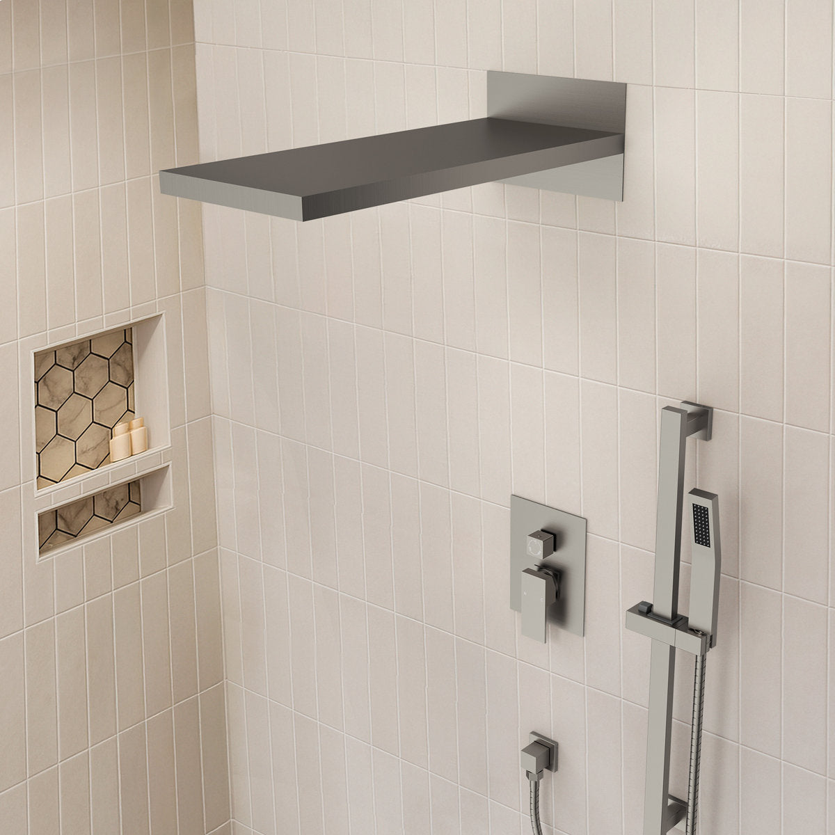 22" Waterfall & Rainfall Shower System with Adjustable Slide Bar Handheld Shower and Pressure-Balanced Valve SFS-1010-NK22 - Brushed Nickel