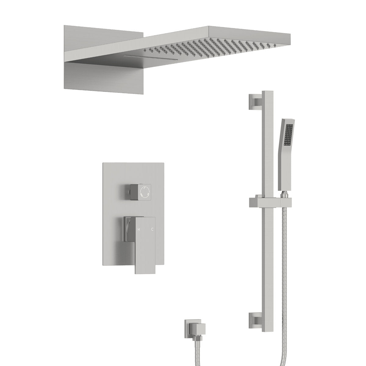22" Waterfall & Rainfall Shower System with Adjustable Slide Bar Handheld Shower and Pressure-Balanced Valve SFS-1010-NK22 - Brushed Nickel