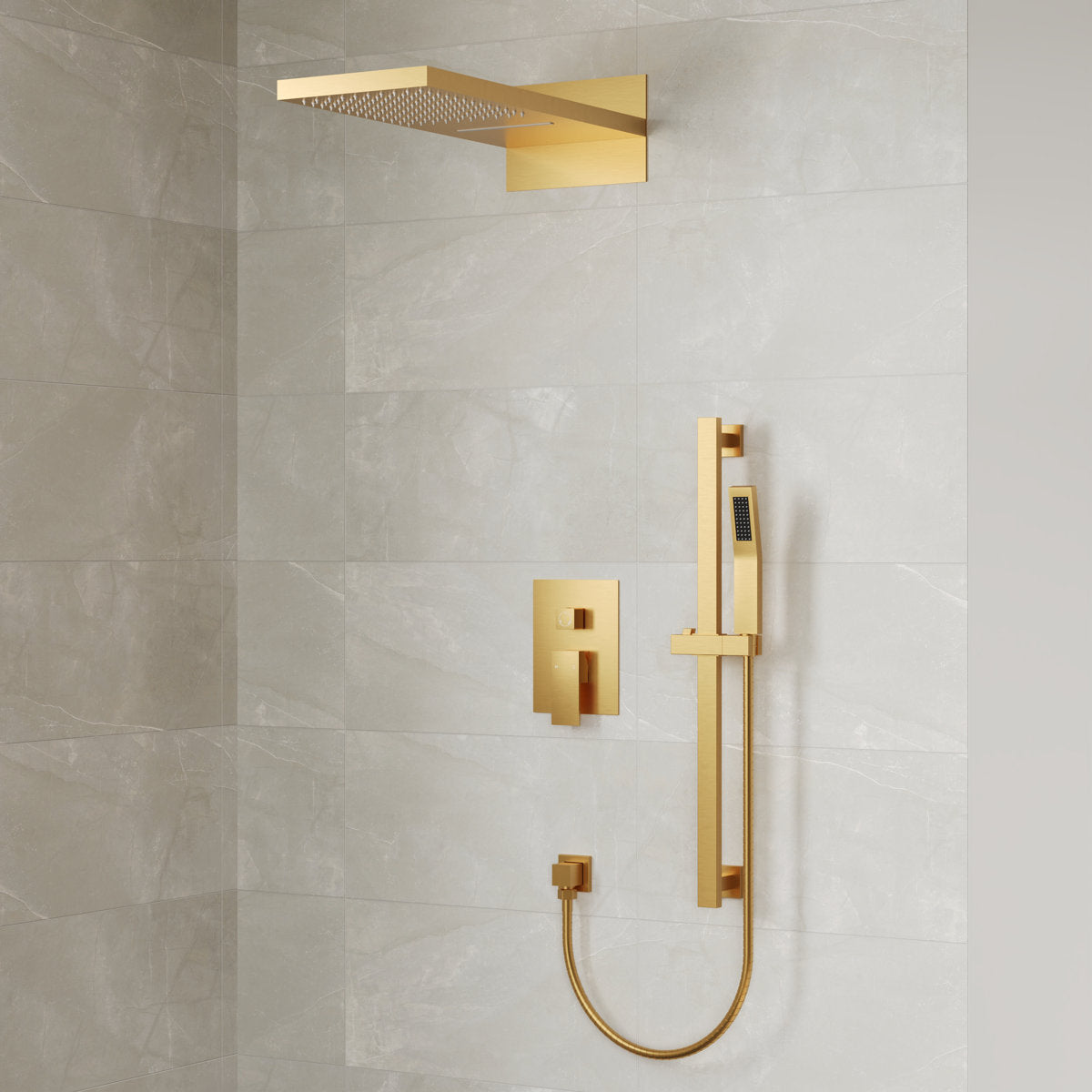 22" Waterfall & Rainfall Shower System with Adjustable Slide Bar Handheld Shower and Pressure-Balanced Valve SFS-1010-GD22 - Brushed Gold