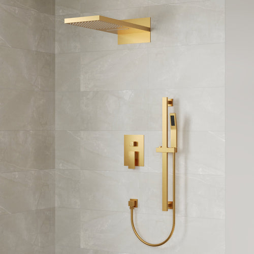 22" Waterfall & Rainfall Shower System with Adjustable Slide Bar Handheld Shower and Pressure-Balanced Valve SFS-1010-GD22 - Brushed Gold