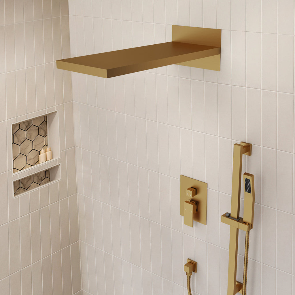 22" Waterfall & Rainfall Shower System with Adjustable Slide Bar Handheld Shower and Pressure-Balanced Valve SFS-1010-GD22 - Brushed Gold