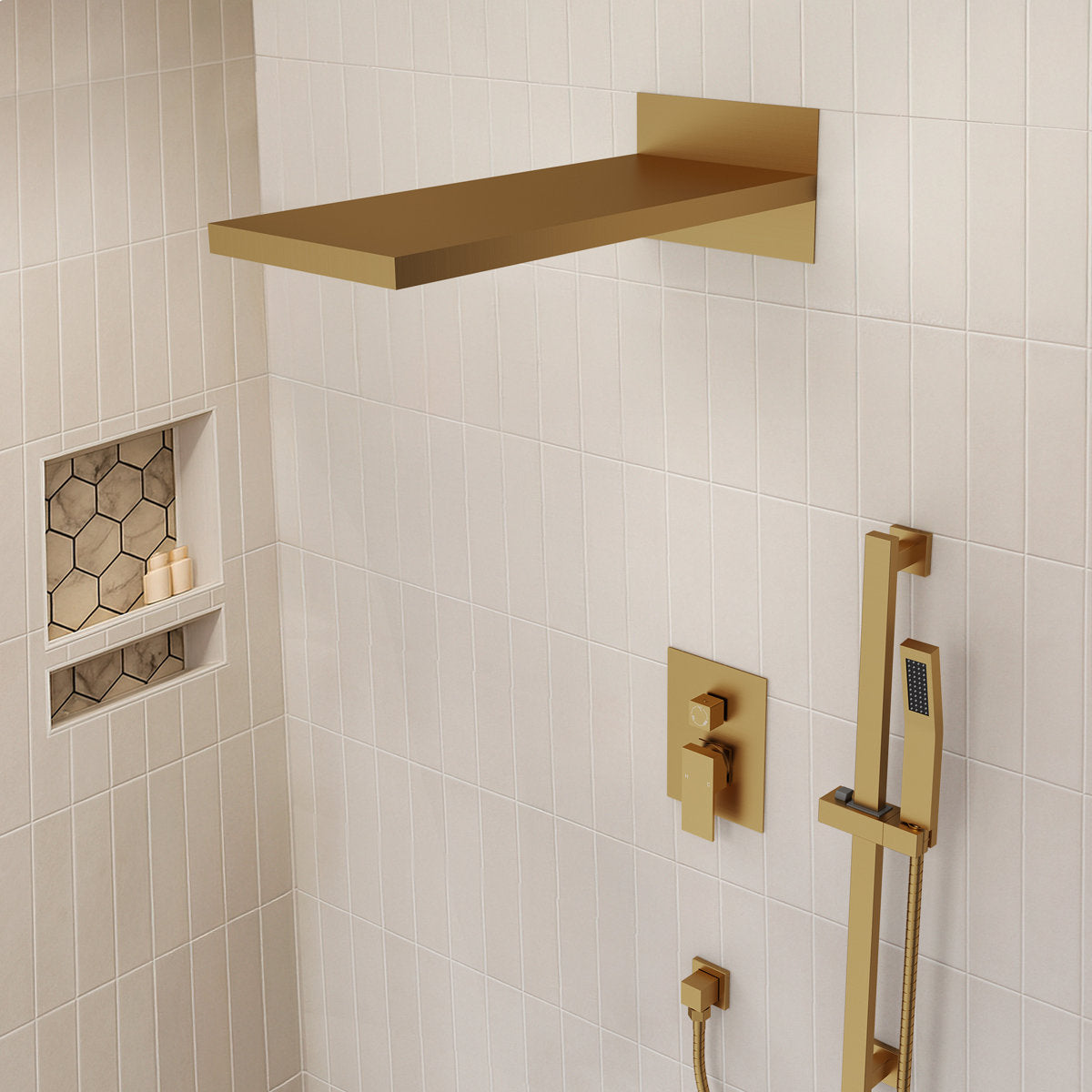 22" Waterfall & Rainfall Shower System with Adjustable Slide Bar Handheld Shower and Pressure-Balanced Valve SFS-1010-GD22 - Brushed Gold