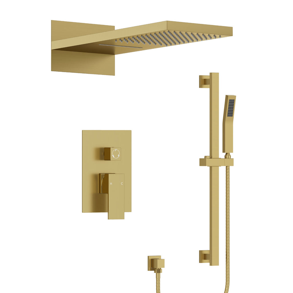 22" Waterfall & Rainfall Shower System with Adjustable Slide Bar Handheld Shower and Pressure-Balanced Valve SFS-1010-GD22 - Brushed Gold