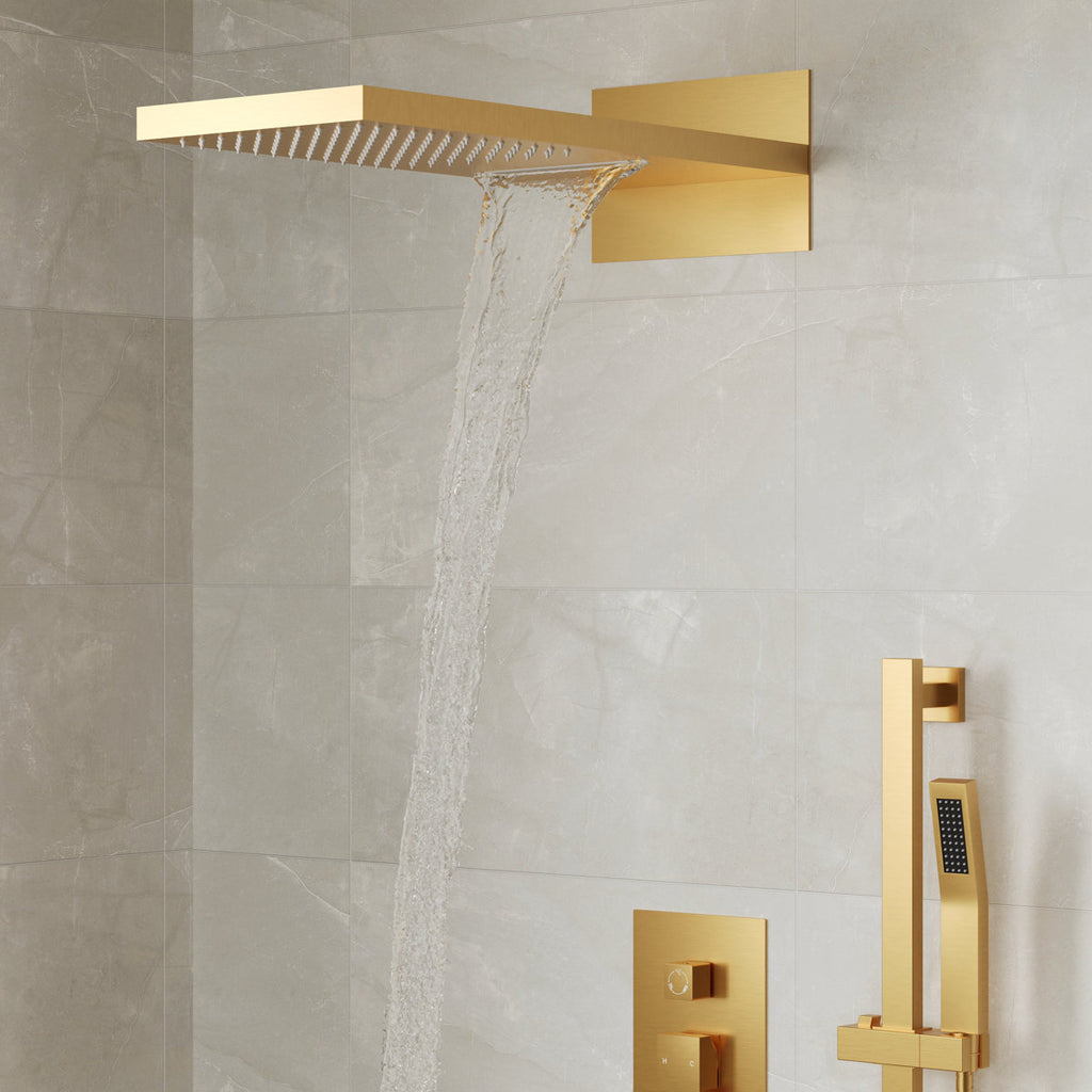 22" Waterfall & Rainfall Shower System with Adjustable Slide Bar Handheld Shower and Pressure-Balanced Valve SFS-1010-GD22 - Brushed Gold