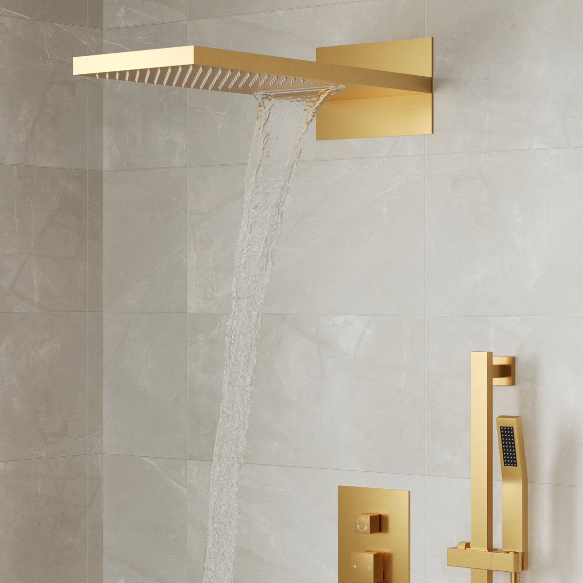 22" Waterfall & Rainfall Shower System with Adjustable Slide Bar Handheld Shower and Pressure-Balanced Valve SFS-1010-GD22 - Brushed Gold