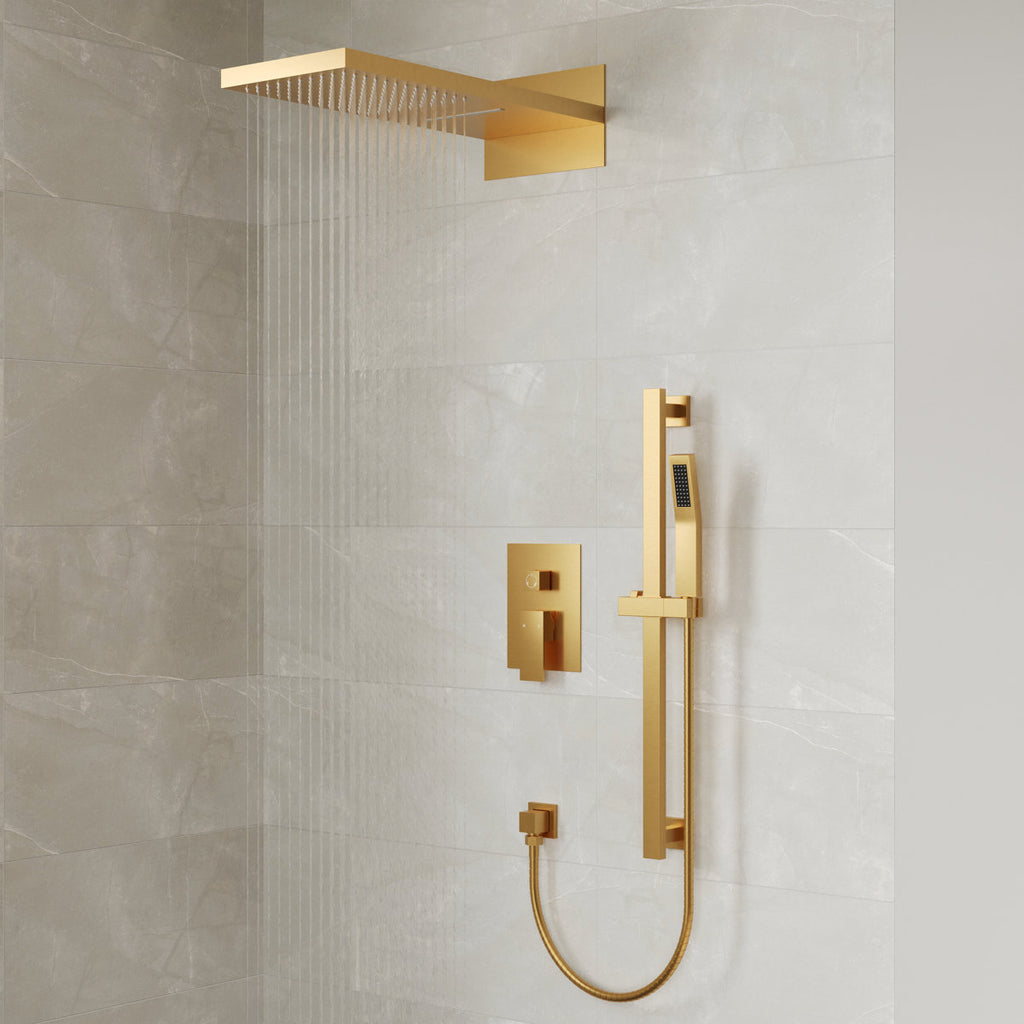 22" Waterfall & Rainfall Shower System with Adjustable Slide Bar Handheld Shower and Pressure-Balanced Valve SFS-1010-GD22 - Brushed Gold