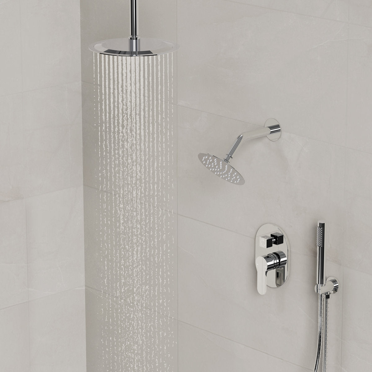 Ceiling Mount High-Pressure Rainfall Shower Faucet, Dual Showerheads System with Rough-in Valve, Handheld Shower SFS-1057-CH10 - Chrome