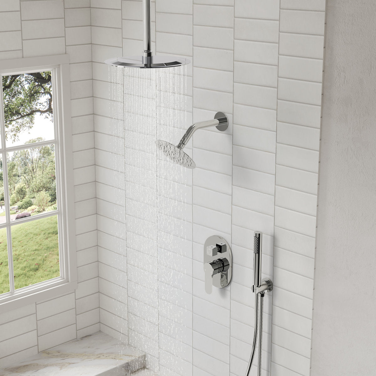 Ceiling Mount High-Pressure Rainfall Shower Faucet, Dual Showerheads System with Rough-in Valve, Handheld Shower SFS-1057-CH10 - Chrome