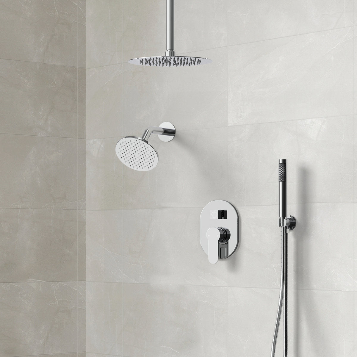 Ceiling Mount High-Pressure Rainfall Shower Faucet, Dual Showerheads System with Rough-in Valve, Handheld Shower SFS-1057-CH10 - Chrome