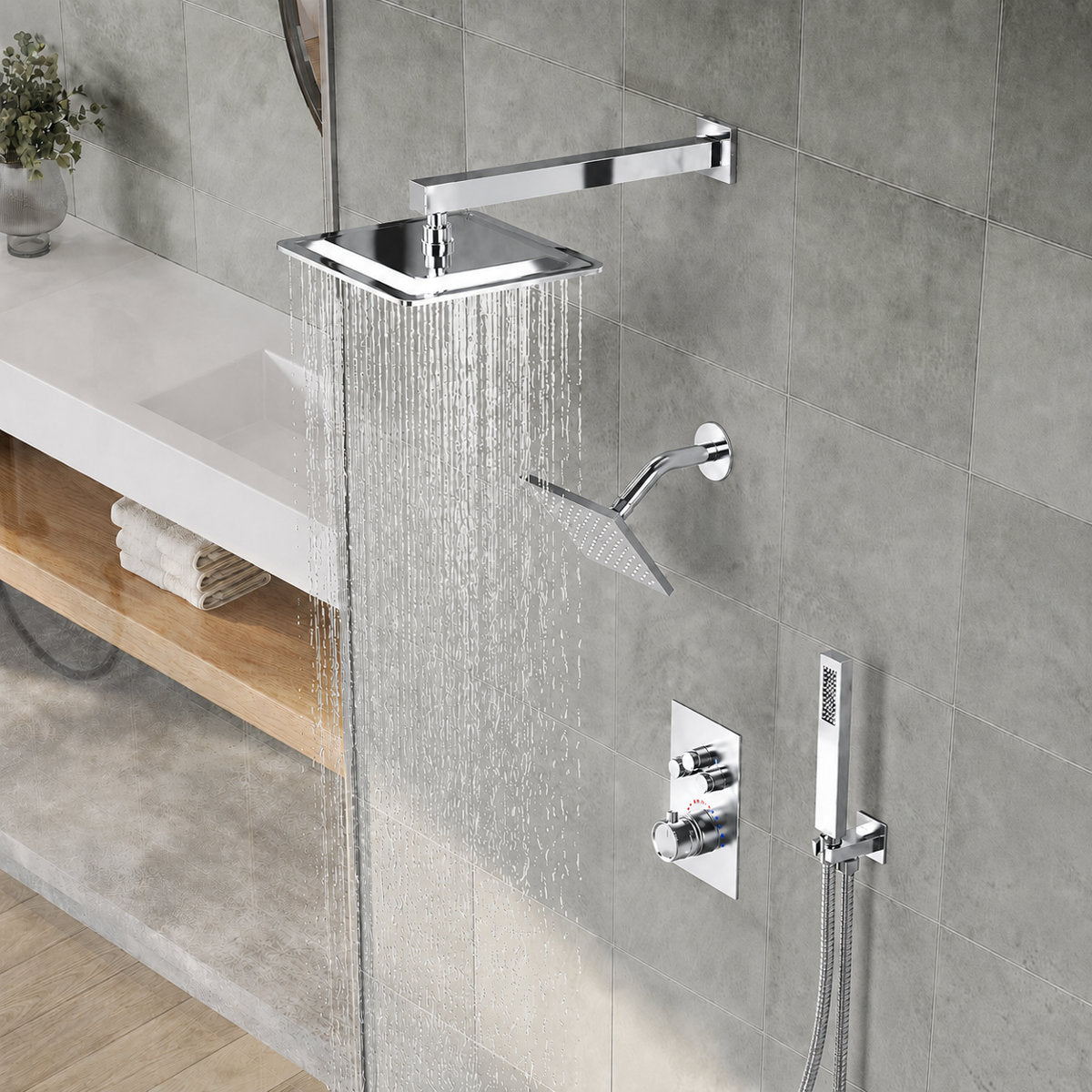 Thermostatic 12" High-Pressure Rainfall Shower Faucet, Dual Showerheads System with Handheld Shower SFS-1003A-CH12 - Chrome