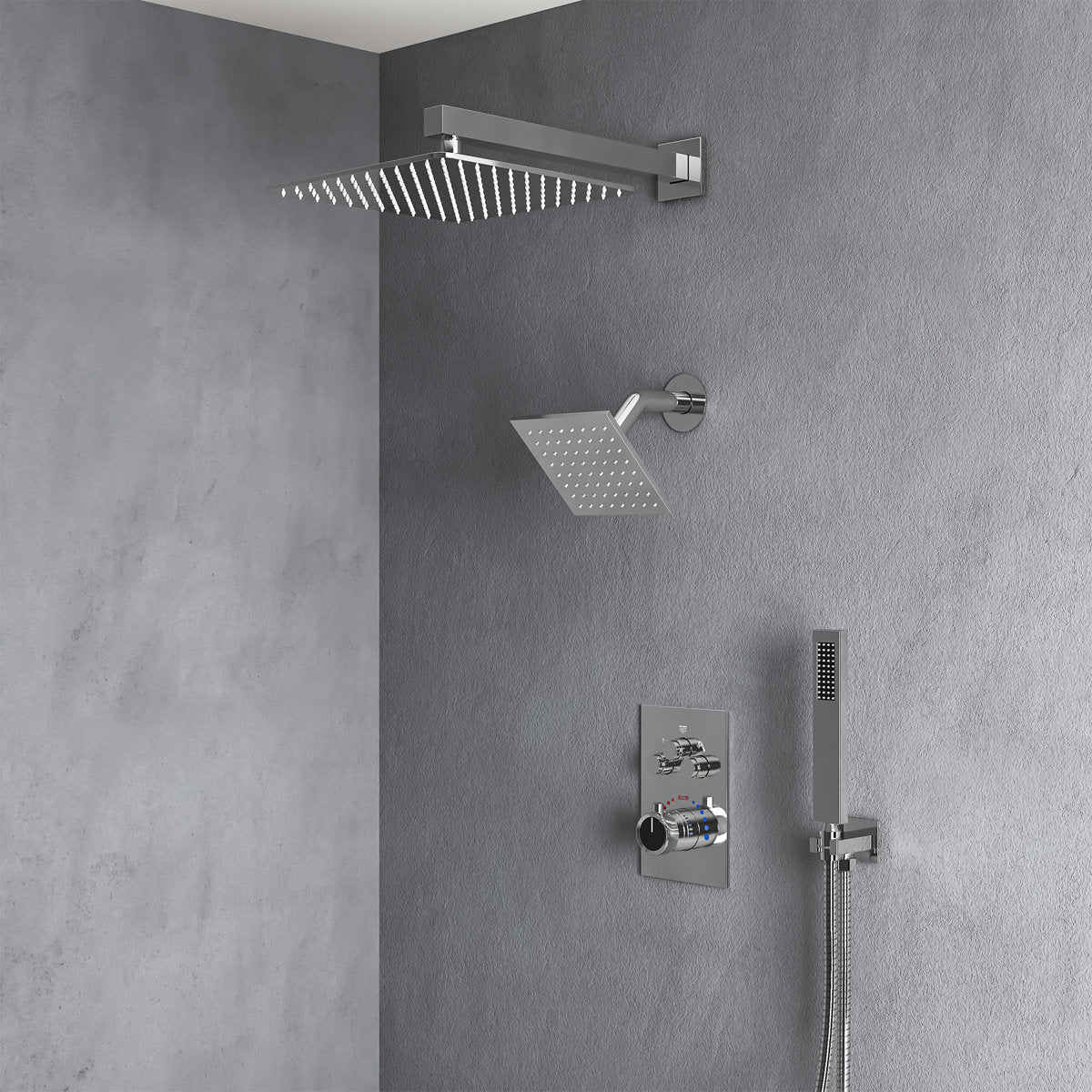 Thermostatic 12" High-Pressure Rainfall Shower Faucet, Dual Showerheads System with Handheld Shower SFS-1003A-CH12 - Chrome