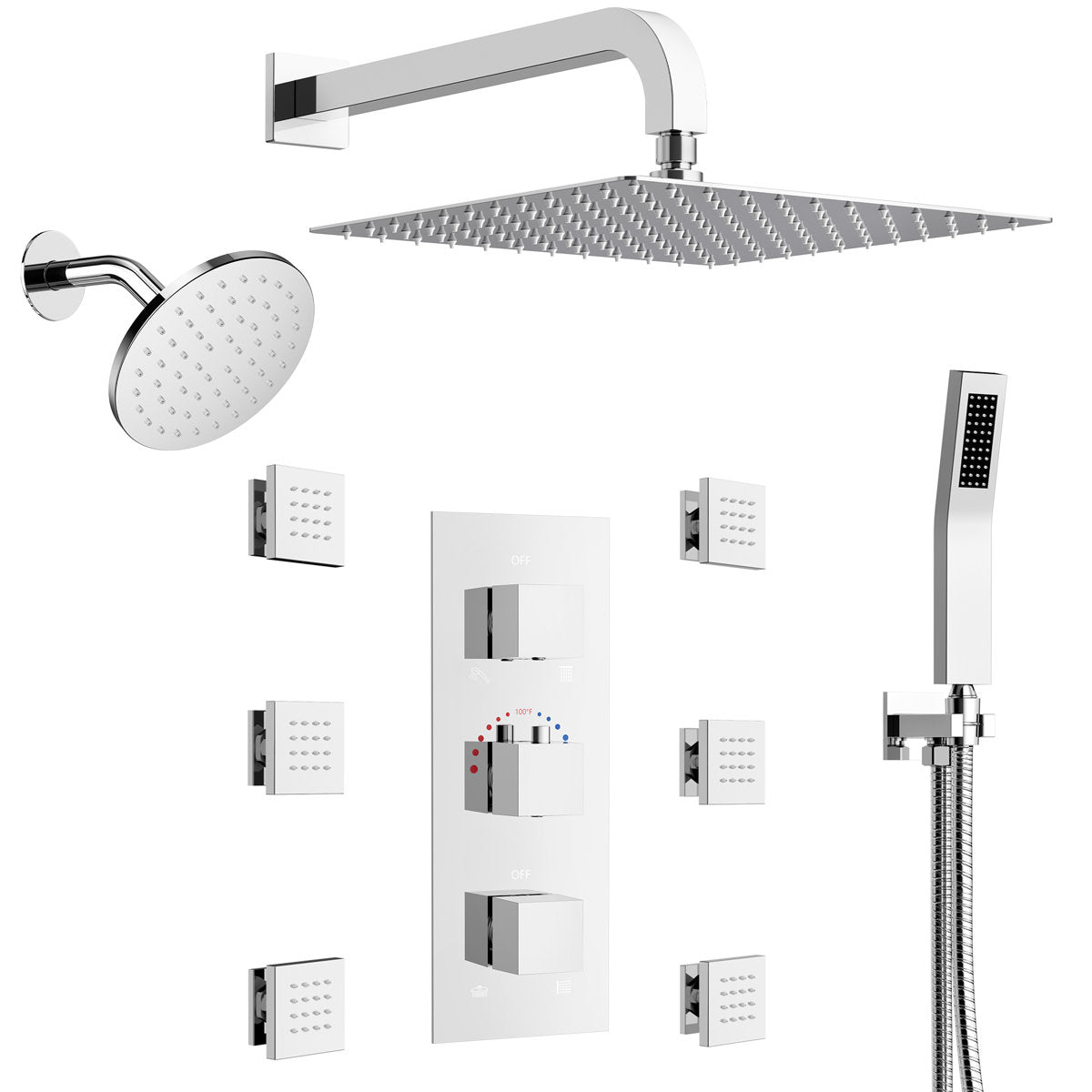 Thermostatic Dual Showerheads System, Wall Mount 12" High-Pressure Rainfall Shower Faucet with Handheld Spray and Body Jet SFS-1017-CH12 - Chrome
