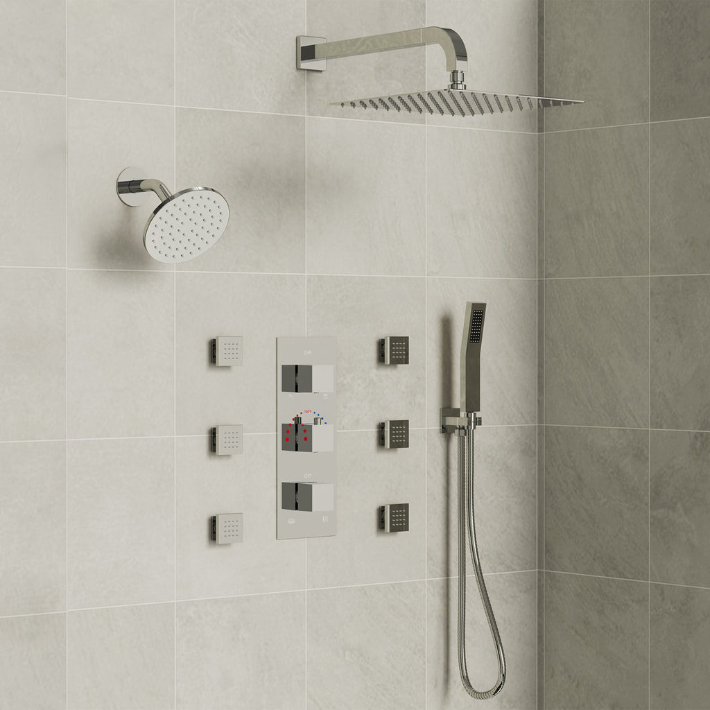 Thermostatic Dual Showerheads System, Wall Mount 12" High-Pressure Rainfall Shower Faucet with Handheld Spray and Body Jet SFS-1017-CH12 - Chrome