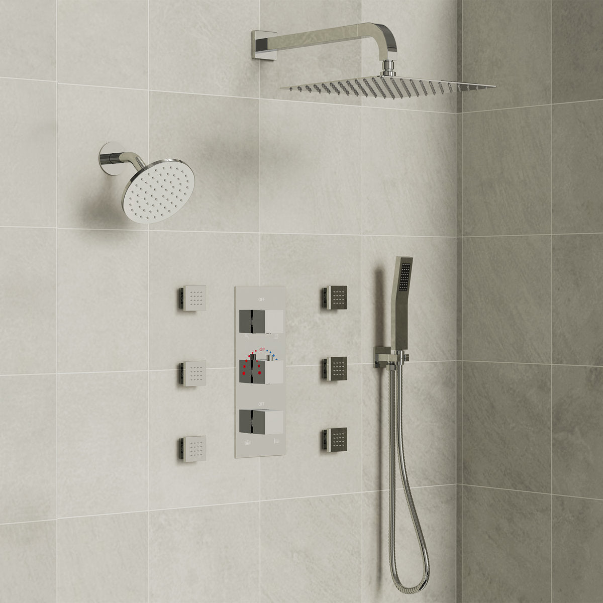 Thermostatic Dual Showerheads System, Wall Mount 12" High-Pressure Rainfall Shower Faucet with Handheld Spray and Body Jet SFS-1017-CH12 - Chrome