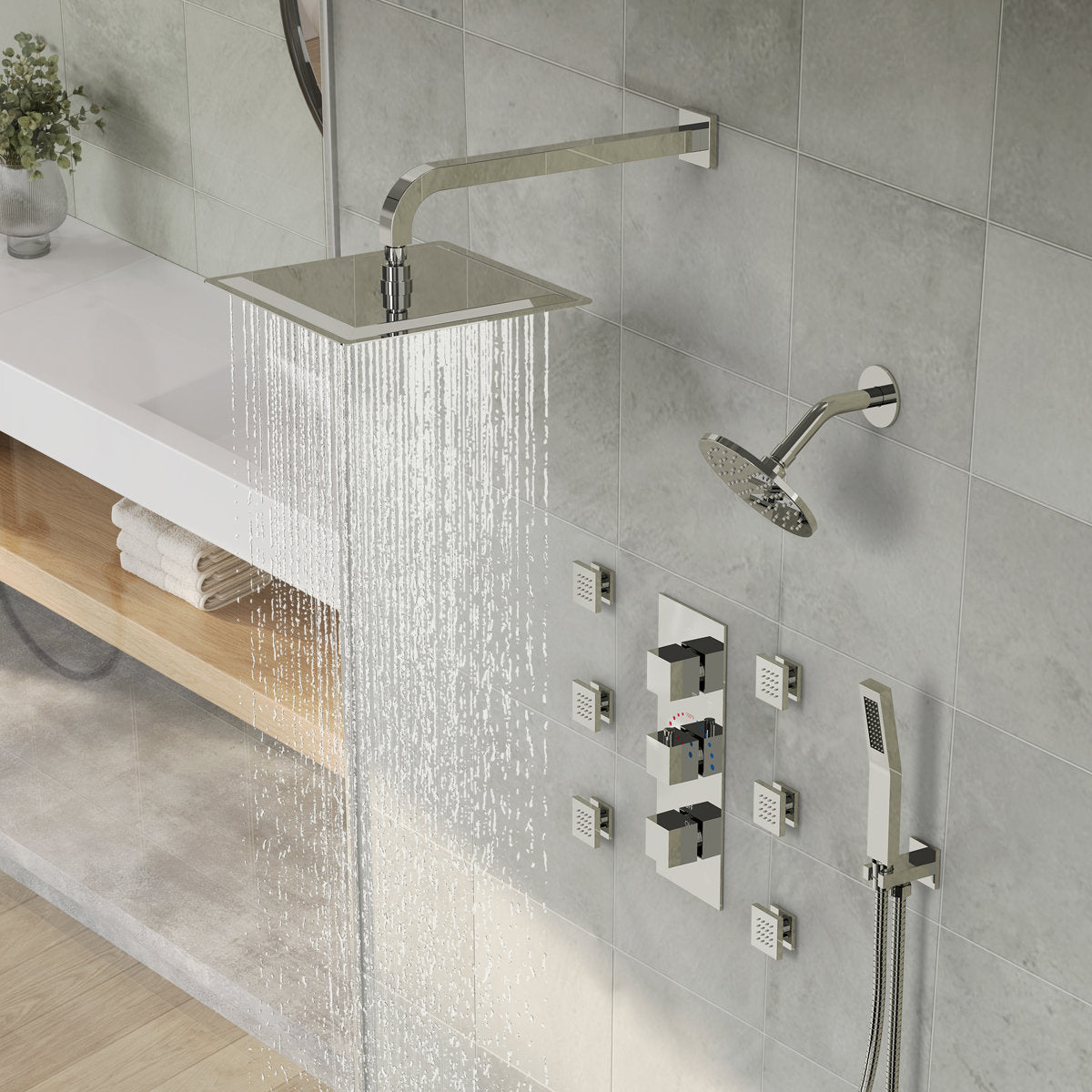Thermostatic Dual Showerheads System, Wall Mount 12" High-Pressure Rainfall Shower Faucet with Handheld Spray and Body Jet SFS-1017-CH12 - Chrome